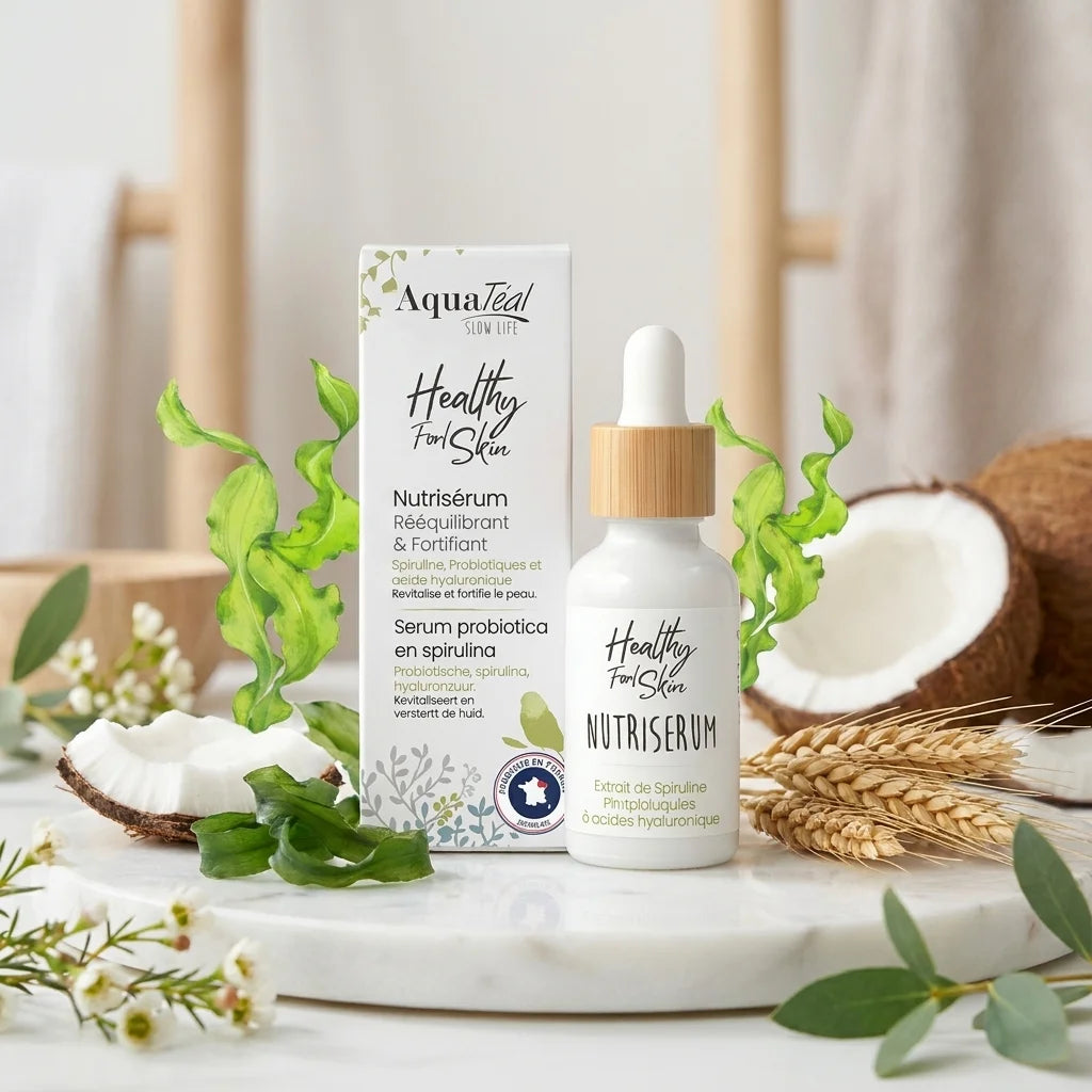 Nutriserum probiotiques Aquatéal avec spiruline et ingrédients naturels sur marbre