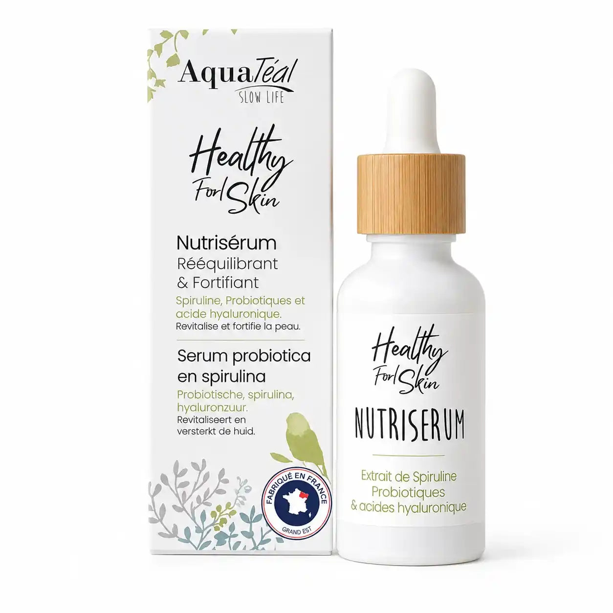Un flacon de sérum Nutriserum probiotiques et spiruline Aquatéal avec son emballage