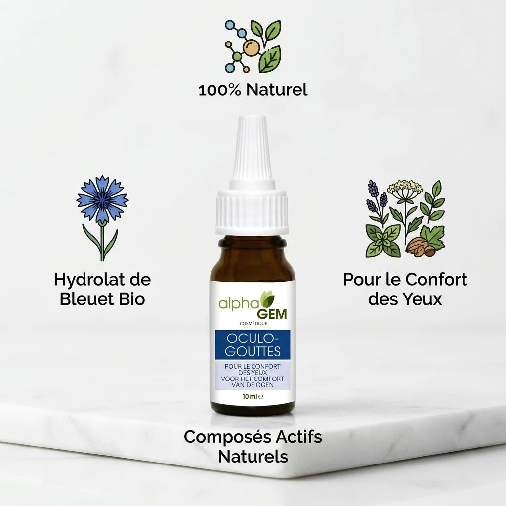 Alphagem Oculo Gouttes bio avec ingrédients botaniques et hydrolat de bleuet pour confort des yeux