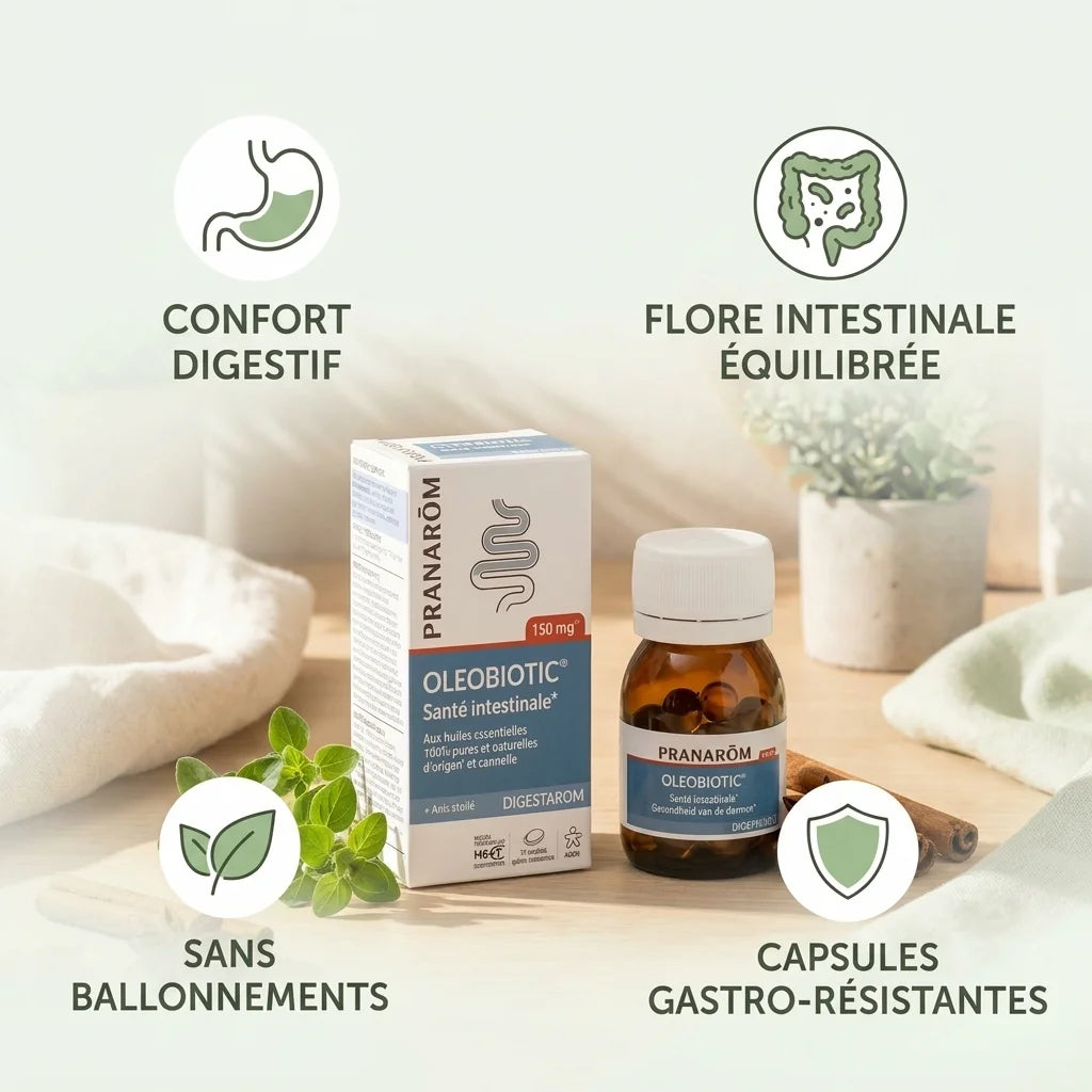 Oleobiotic Pranarom capsules pour santé intestinale avec bénéfices digestifs illustrés