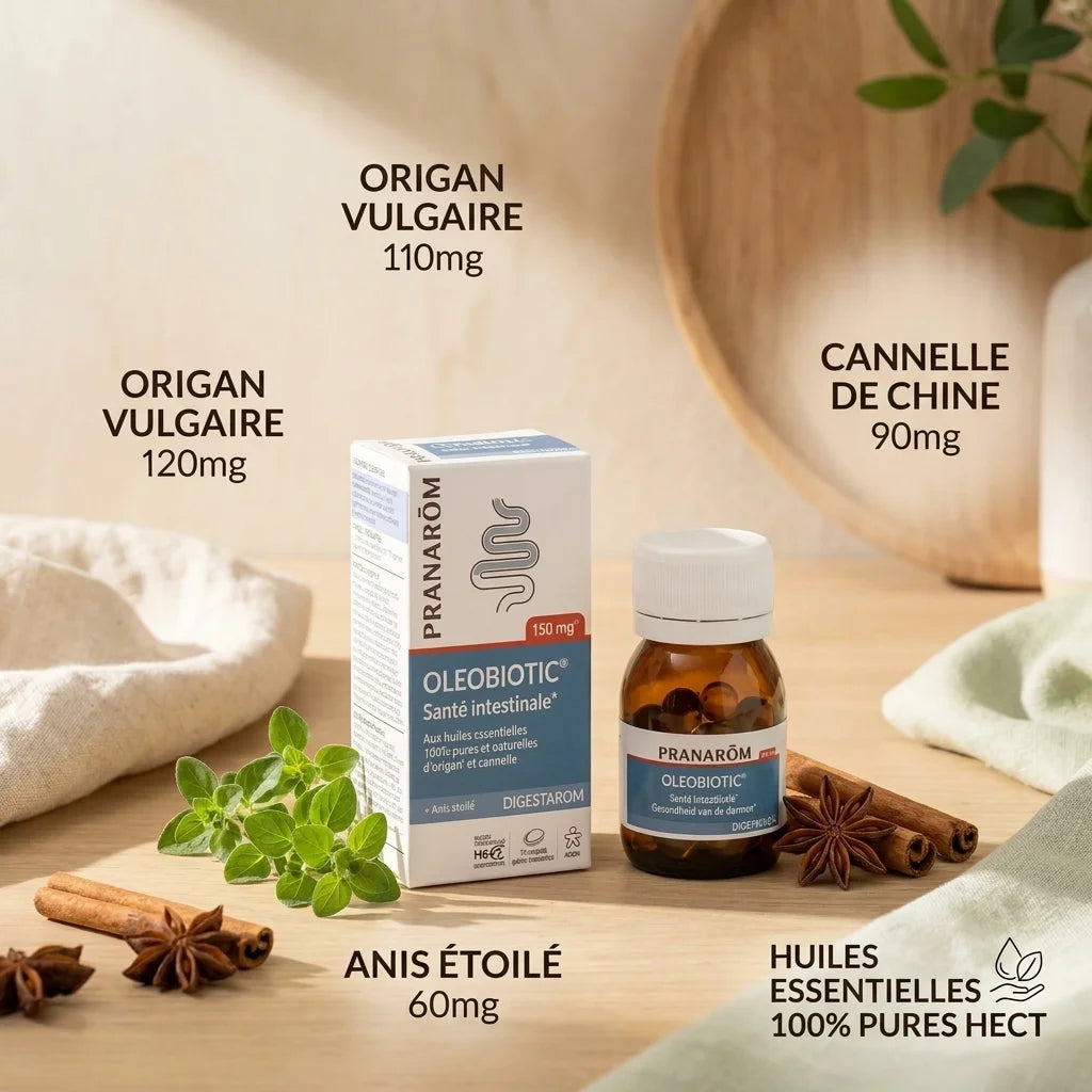 Oleobiotic Pranarom flacon avec ingrédients naturels origan cannelle anis pour santé intestinale