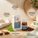 Oleobiotic Pranarom flacon avec ingrédients naturels origan cannelle anis pour santé intestinale