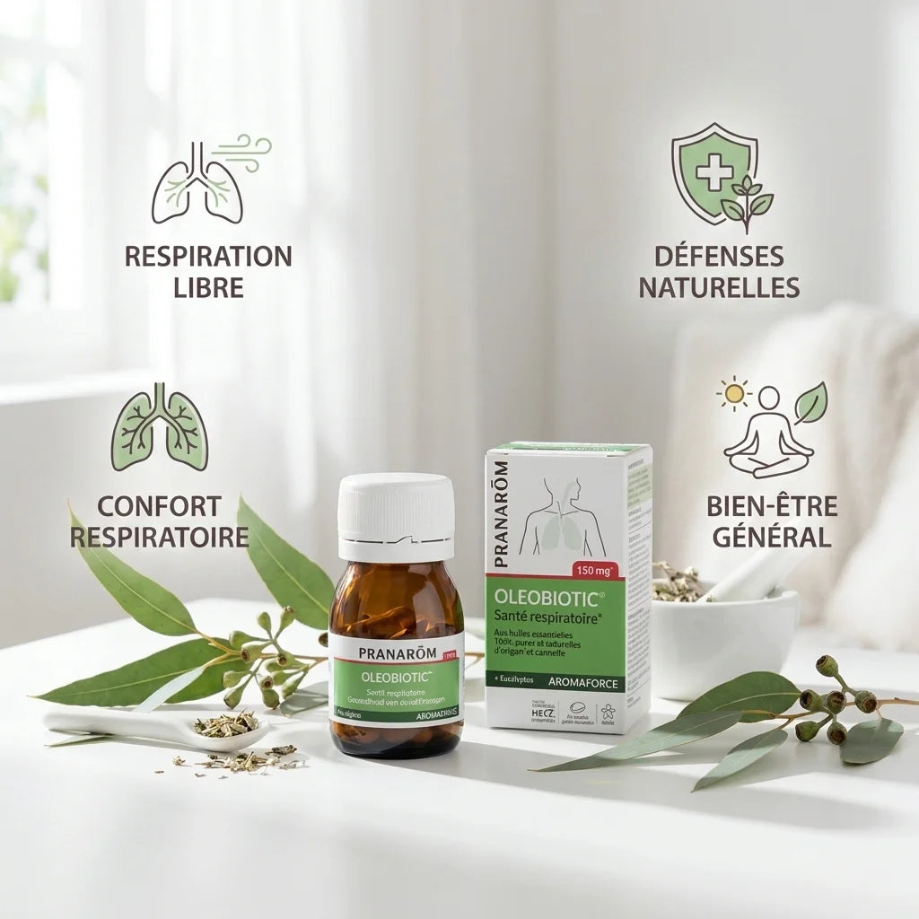 Oleobiotic Pranarom capsules santé respiratoire avec bénéfices respiration libre et défenses naturelles