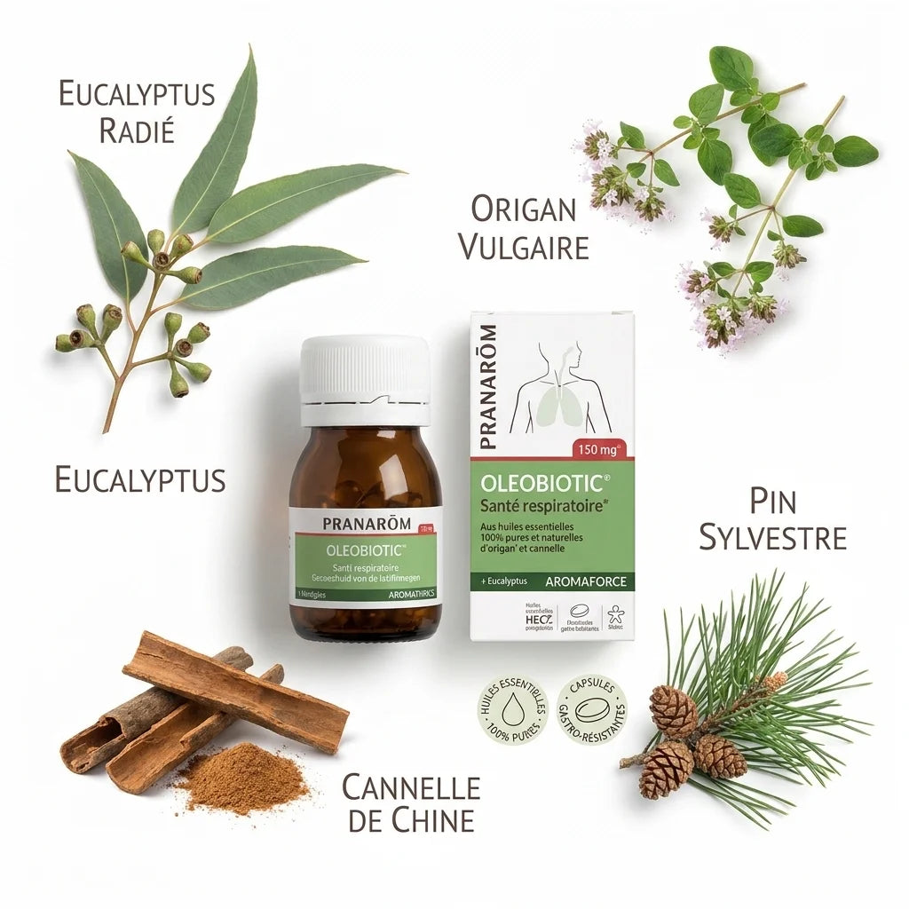Oleobiotic Pranarom capsules santé respiratoire avec huiles essentielles eucalyptus origan cannelle