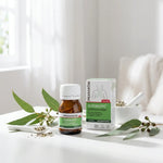 Oleobiotic Pranarom capsules santé respiratoire en flacon verre ambré avec feuilles eucalyptus