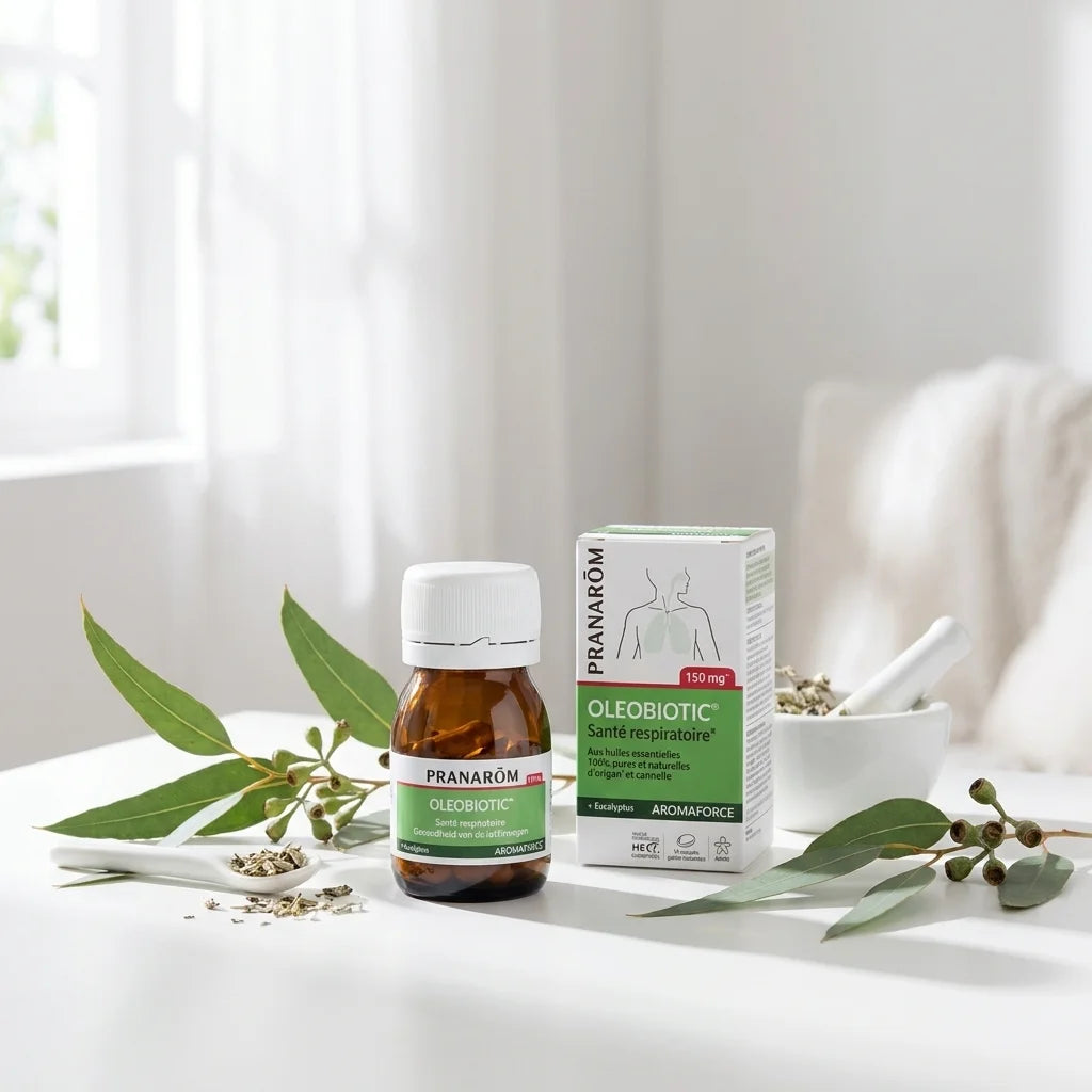 Oleobiotic Pranarom capsules santé respiratoire en flacon verre ambré avec feuilles eucalyptus