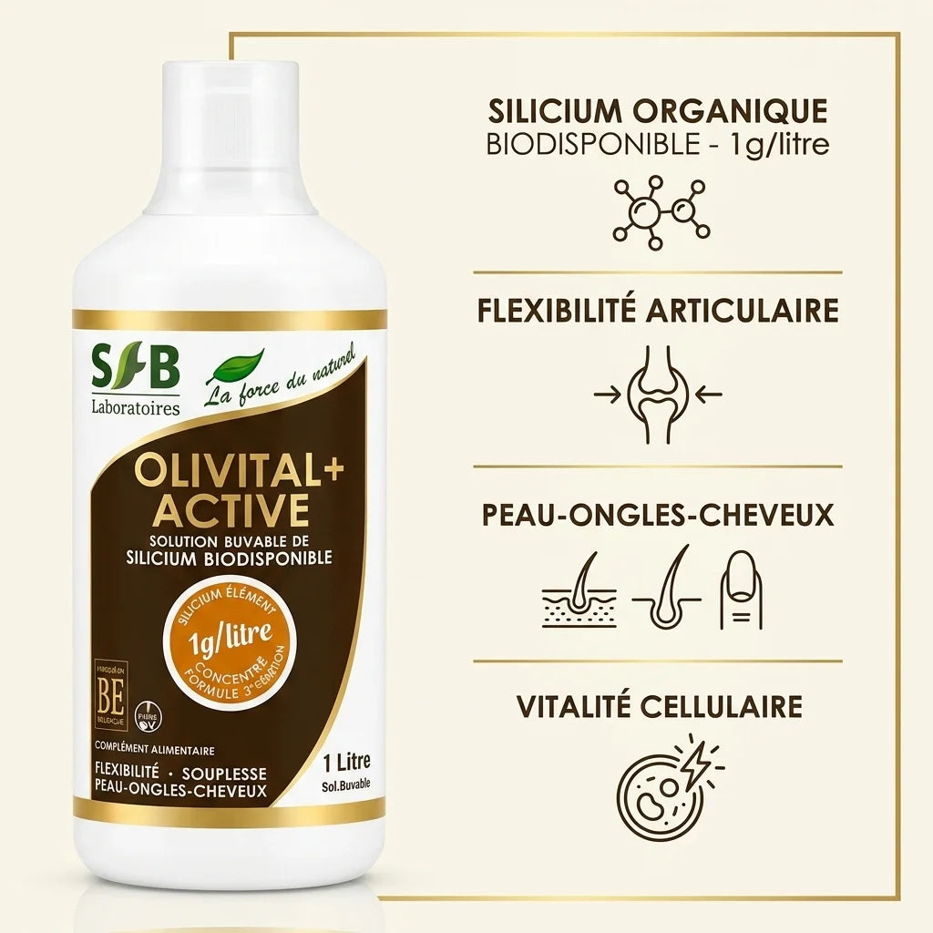Olivital+ Active Silicium Organique 1L avec infographies bénéfices santé articulaire peau vitalité