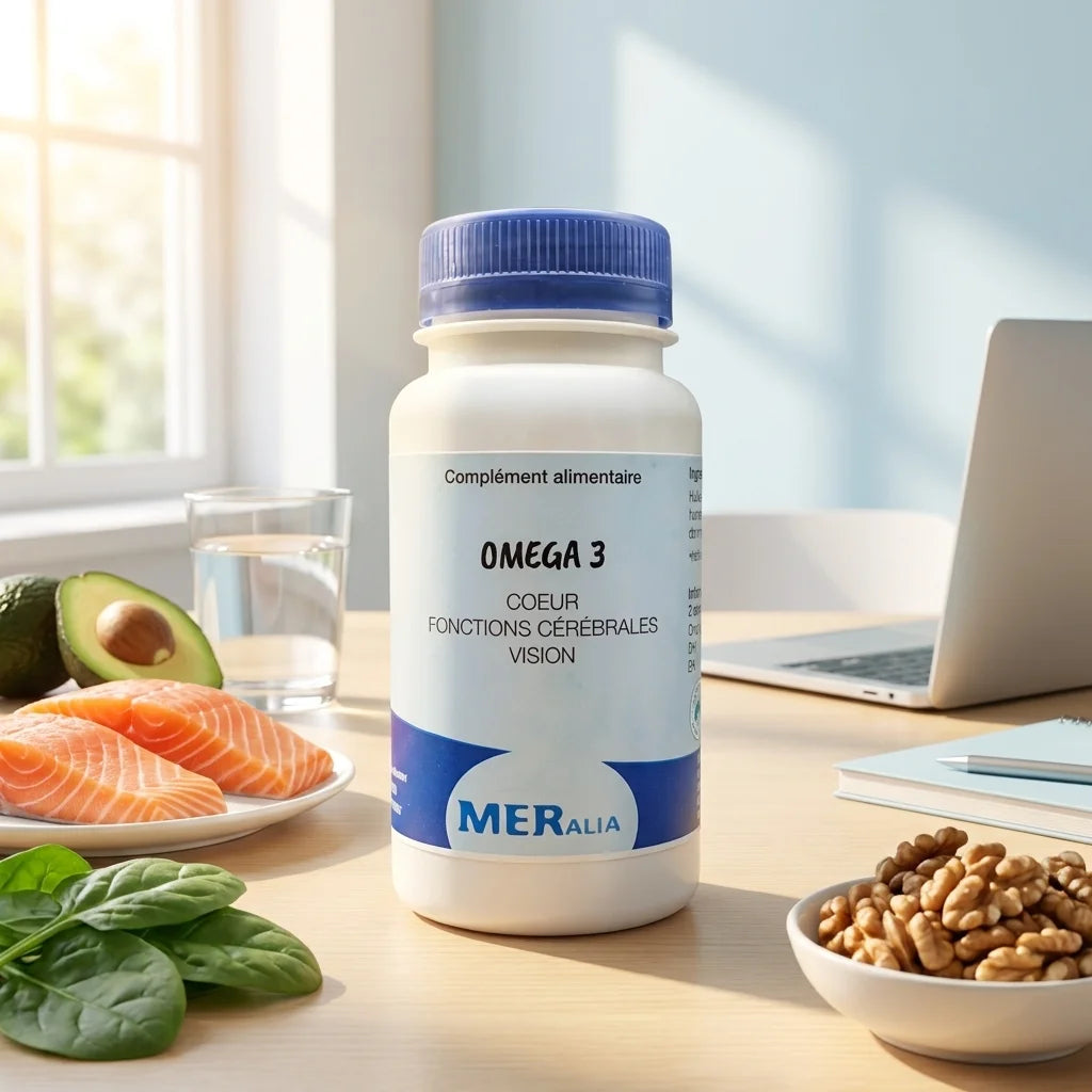 Bouteille MERalia Oméga 3 capsules entourée de poisson frais et légumes sains