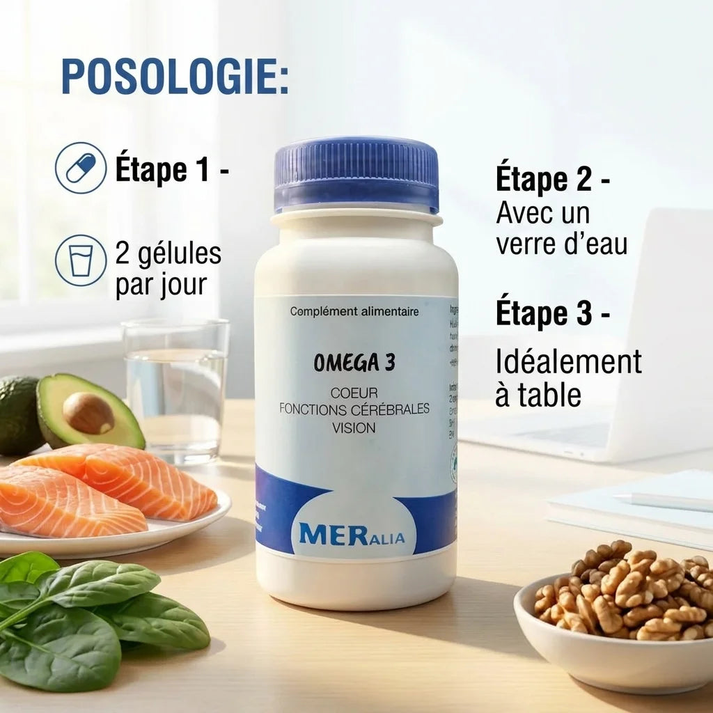 Complément Oméga 3 MERalia 90 capsules avec posologie et guide d'utilisation