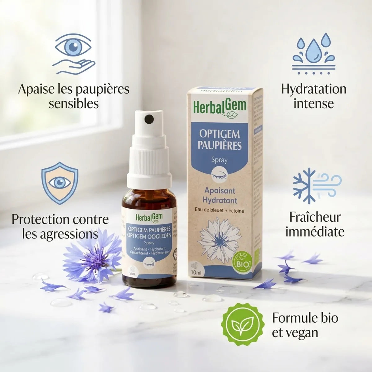 OptiGem spray paupières bio vegan HerbalGem avec infographie bénéfices et ingrédients naturels