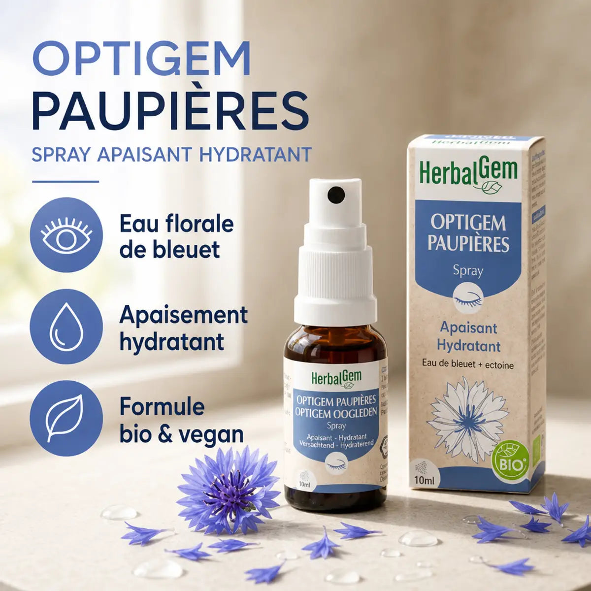 OptiGem spray paupières bio vegan HerbalGem eau florale bleuet apaisement hydratant