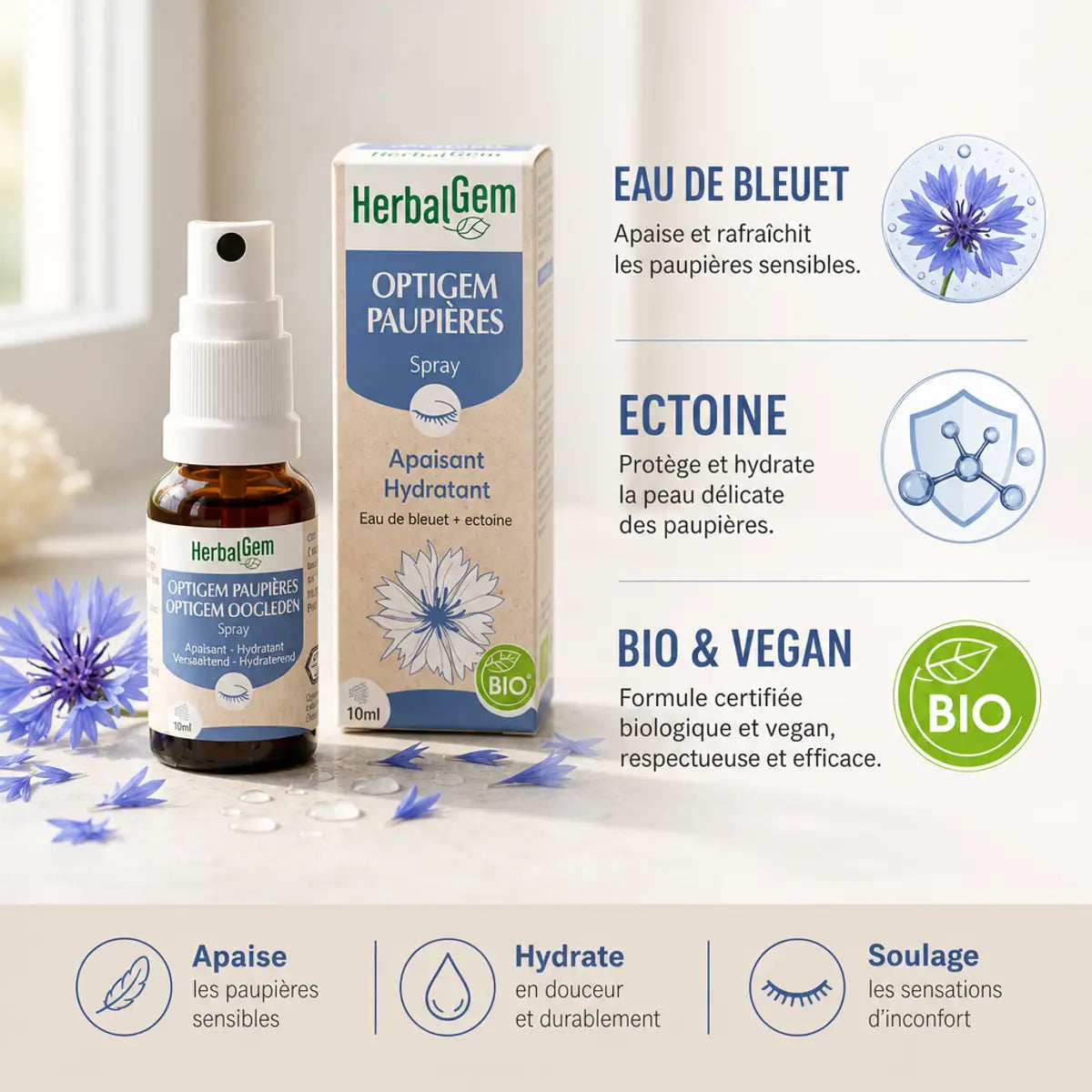 OptiGem spray paupières bio vegan HerbalGem avec bleuet et ectoine sur marbre