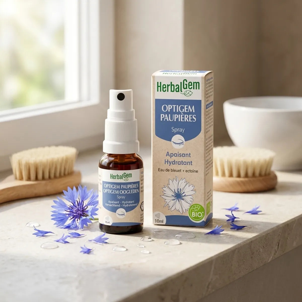 OptiGem spray paupières bio HerbalGem avec pétales de bleuet et gouttes d'eau, routine beauté naturelle