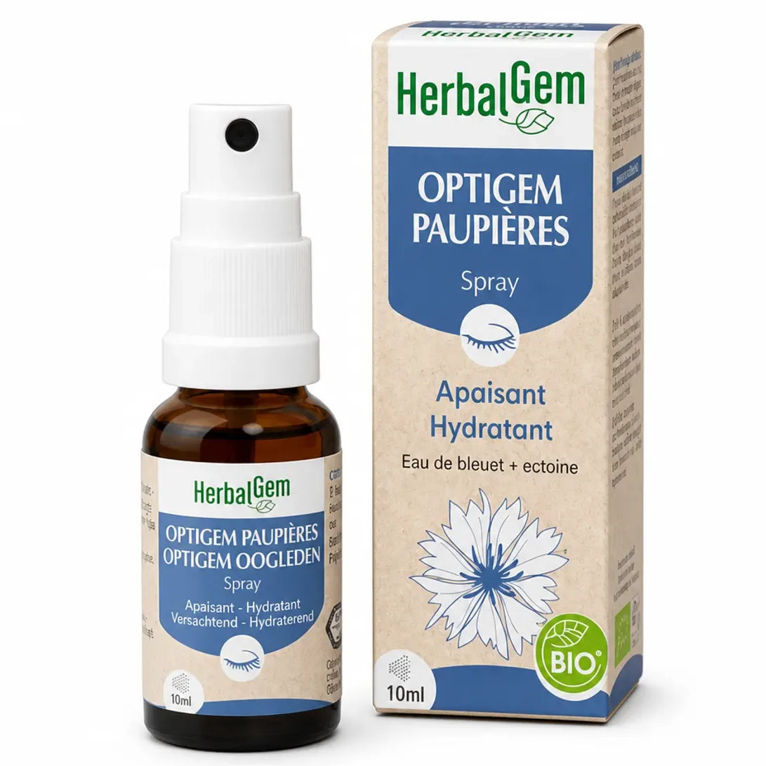 OptiGem paupières spray bio vegan HerbalGem flacon verre brun avec boîte emballage kraft