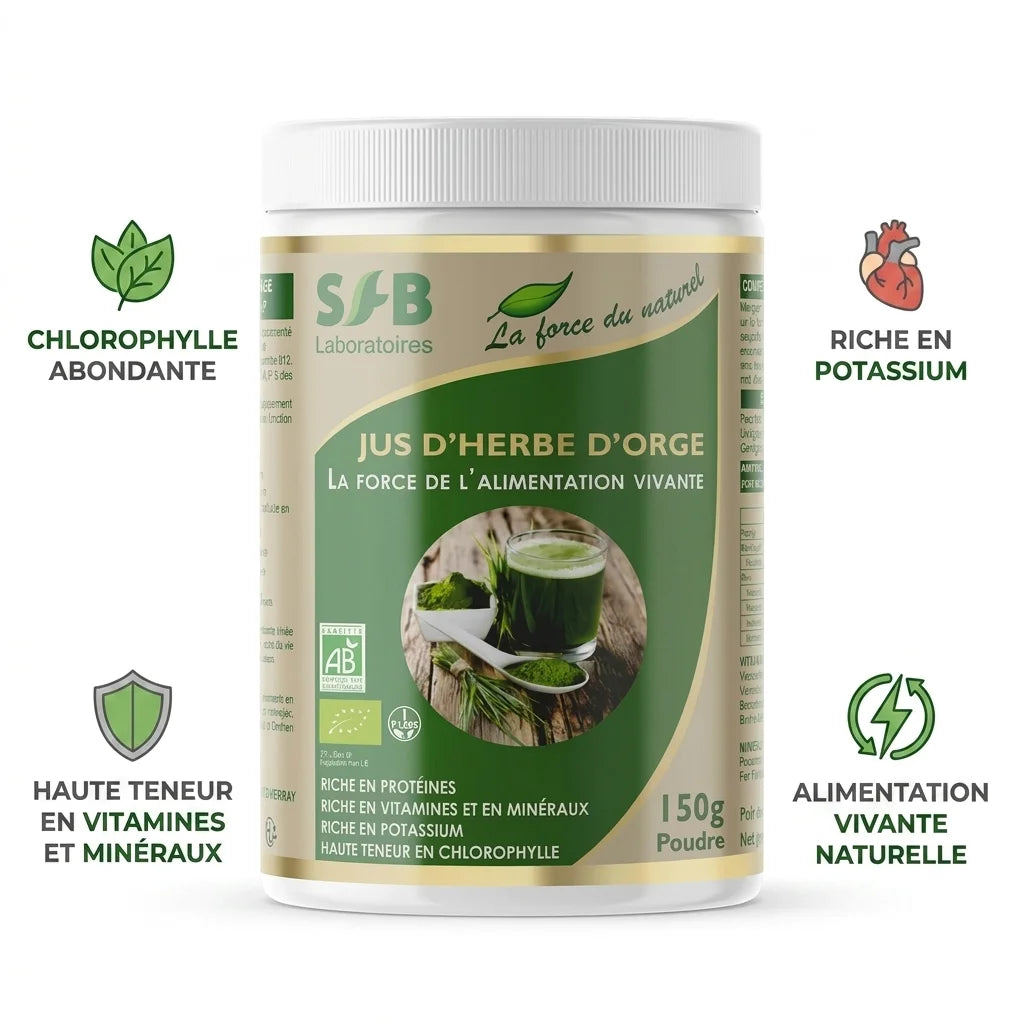 Poudre d'orge vert bio SFB 150g avec bénéfices : chlorophylle, potassium, vitamines et minéraux