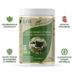 Poudre d'orge vert bio SFB 150g avec bénéfices : chlorophylle, potassium, vitamines et minéraux
