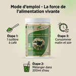 Orge vert bio SFB poudre - Guide dosage 1 cuillère café dans 200ml eau, matin et soir