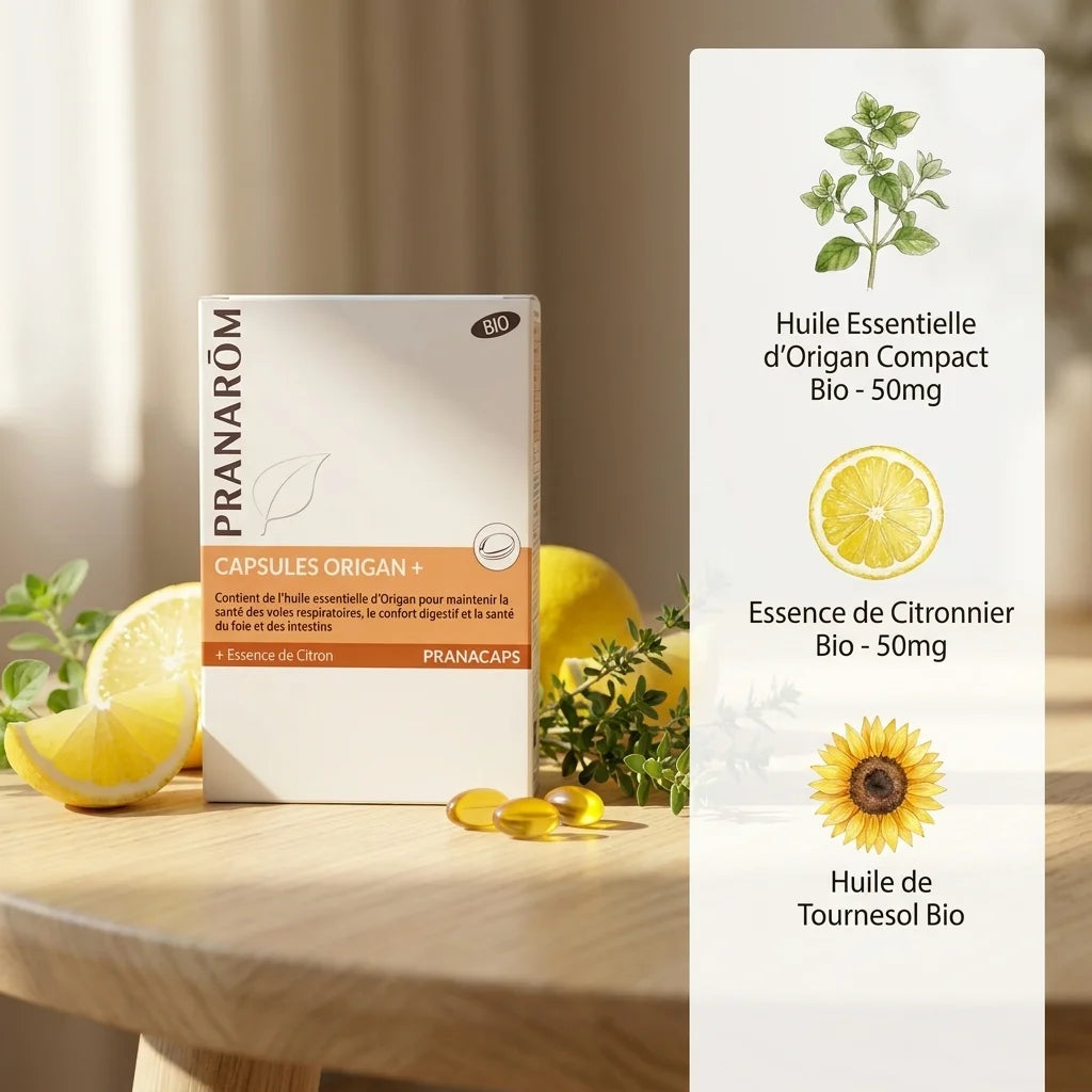 Pranarom Origan + bio capsules - boîte packaging blanc avec bande orange et composition ingrédients