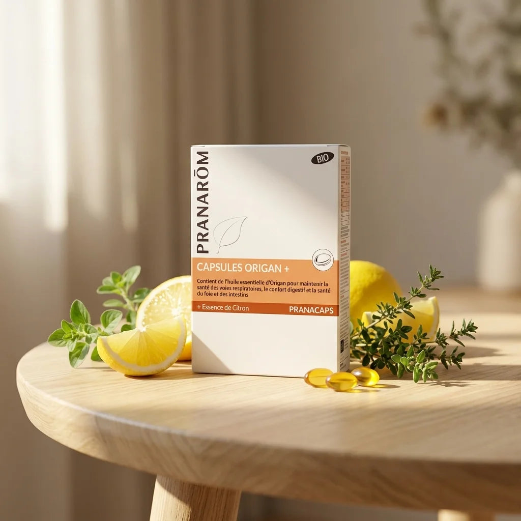 Boîte Origan+ bio Pranarom en capsules avec herbes fraîches et citron sur table en bois