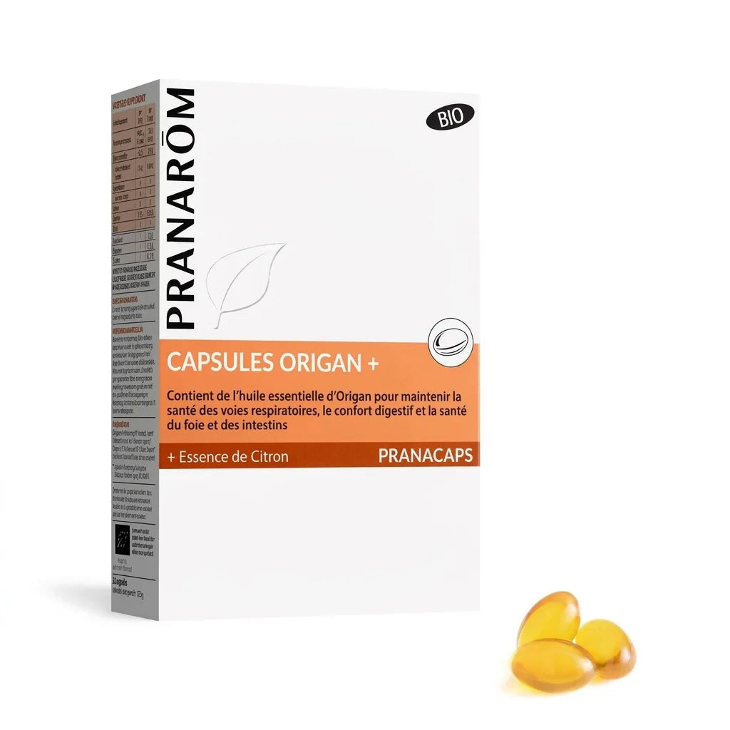 Boîte Pranarom Origan + bio en capsules sur fond blanc, produit naturel bio