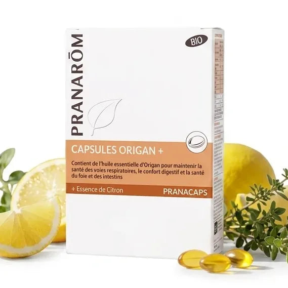 Origan+ bio en capsules Pranarom - boîte et gélules jaunes sur fond blanc