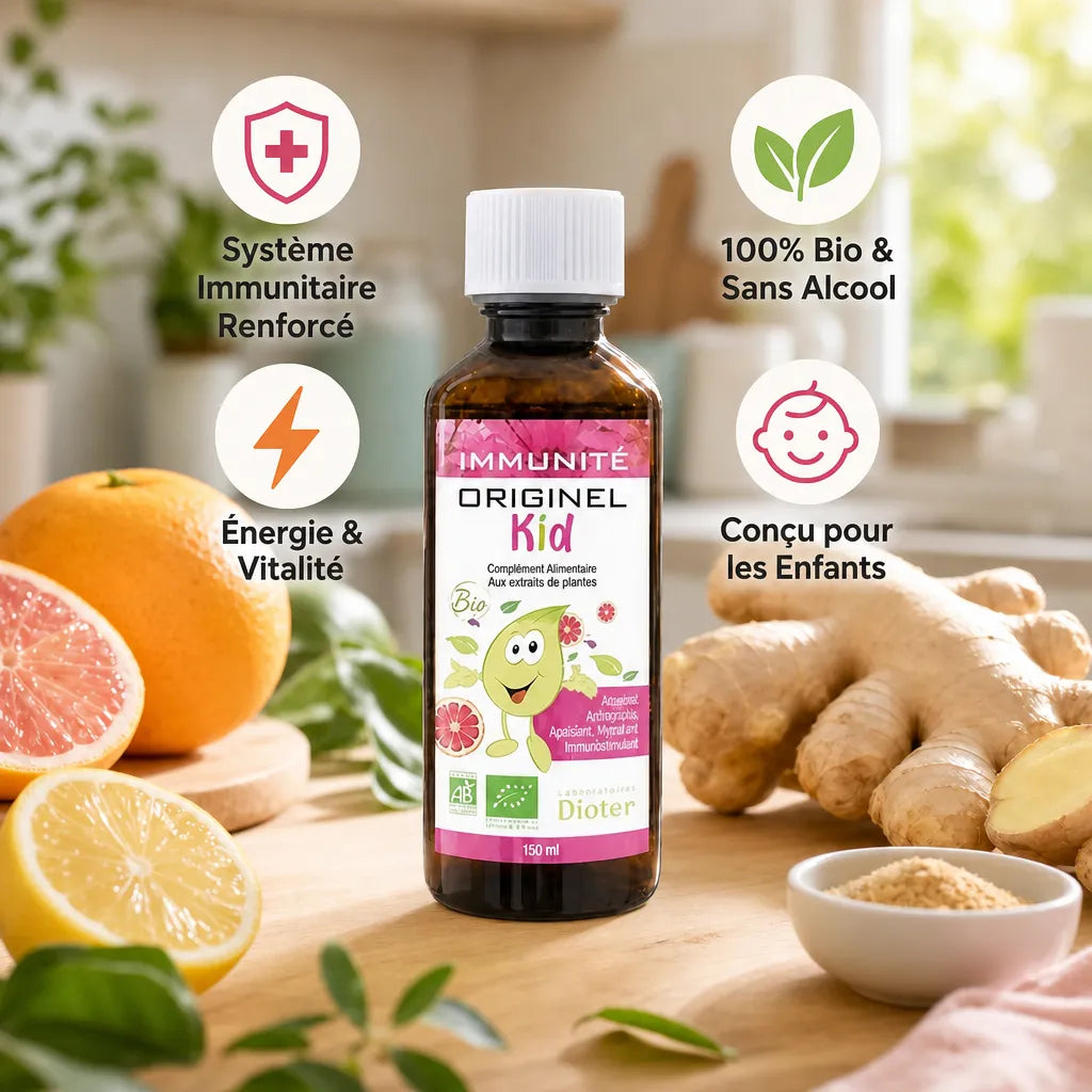 Originel Kid Immunité Bio en flacon avec ingrédients naturels et bénéfices santé pour enfants