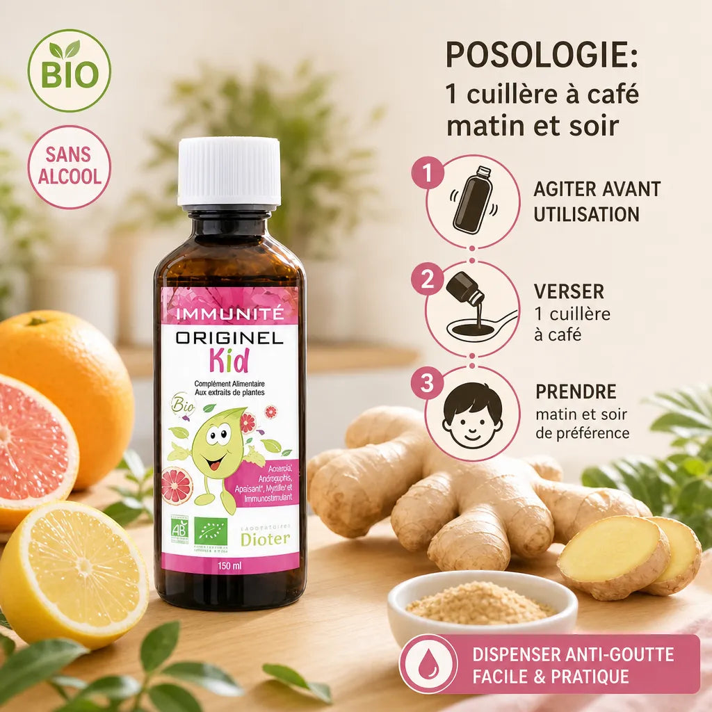 Originel Kid Immunité Bio en flacon doseur avec gingembre, citron et posologie bio sans alcool