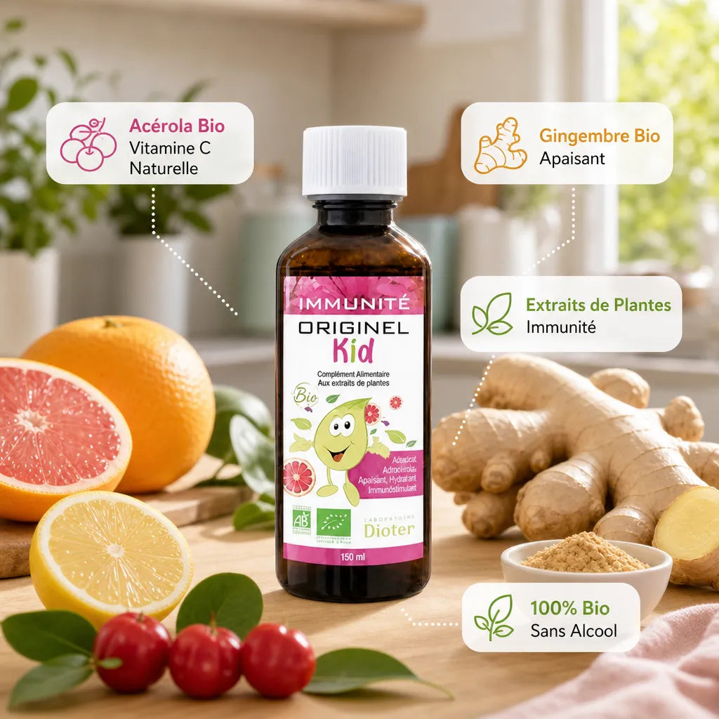 Flacon Originel Kid Immunité Bio avec ingrédients naturels : acérola, gingembre, citron et plantes bio
