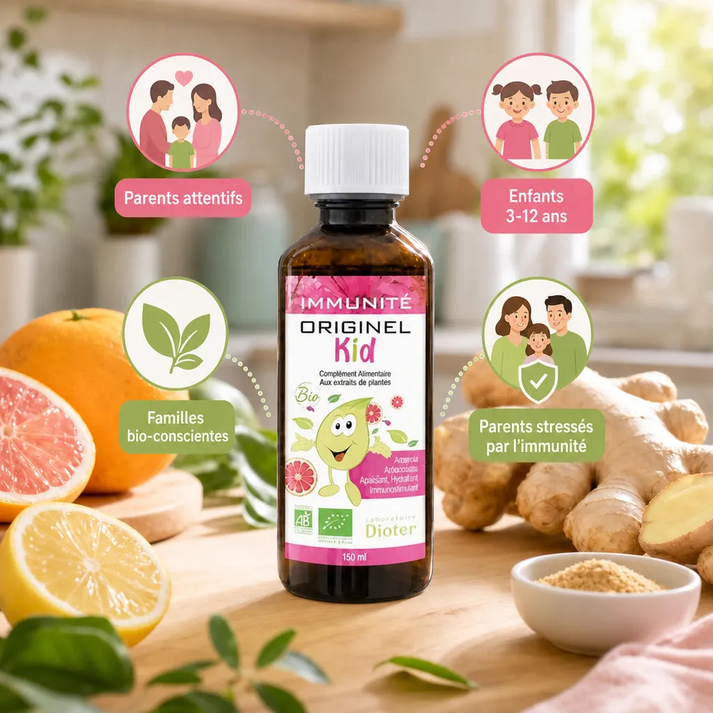 Originel Kid Immunité Bio flacon doseur entouré d'icônes parents et enfants, ingrédients naturels bio