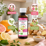 Originel Kid Immunité Bio flacon doseur entouré d'icônes parents et enfants, ingrédients naturels bio