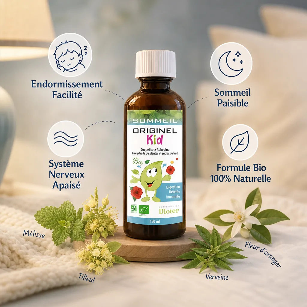 Originel Kid Sommeil Bio flacon doseur avec bénéfices: endormissement facilité, sommeil paisible, formule naturelle