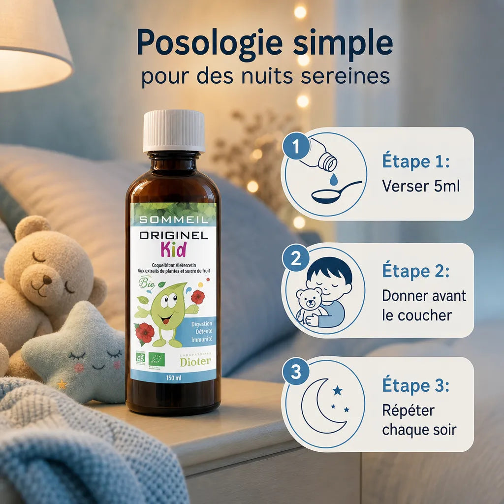 Originel Kid Sommeil Bio flacon doseur avec instructions posologie 5ml avant coucher enfant