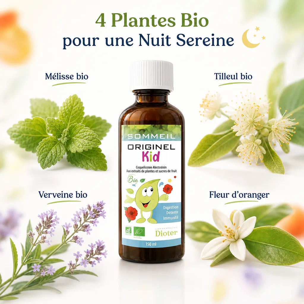 Originel Kid Sommeil Bio flacon doseur avec 4 plantes bio : mélisse, tilleul, verveine et fleur d'oranger