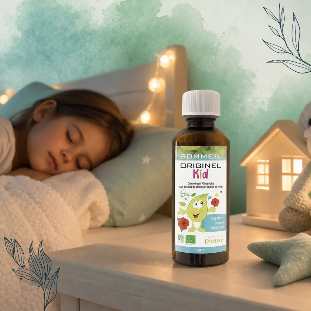 Originel Kid Sommeil Bio en flacon doseur sur table de nuit avec chambre d'enfant