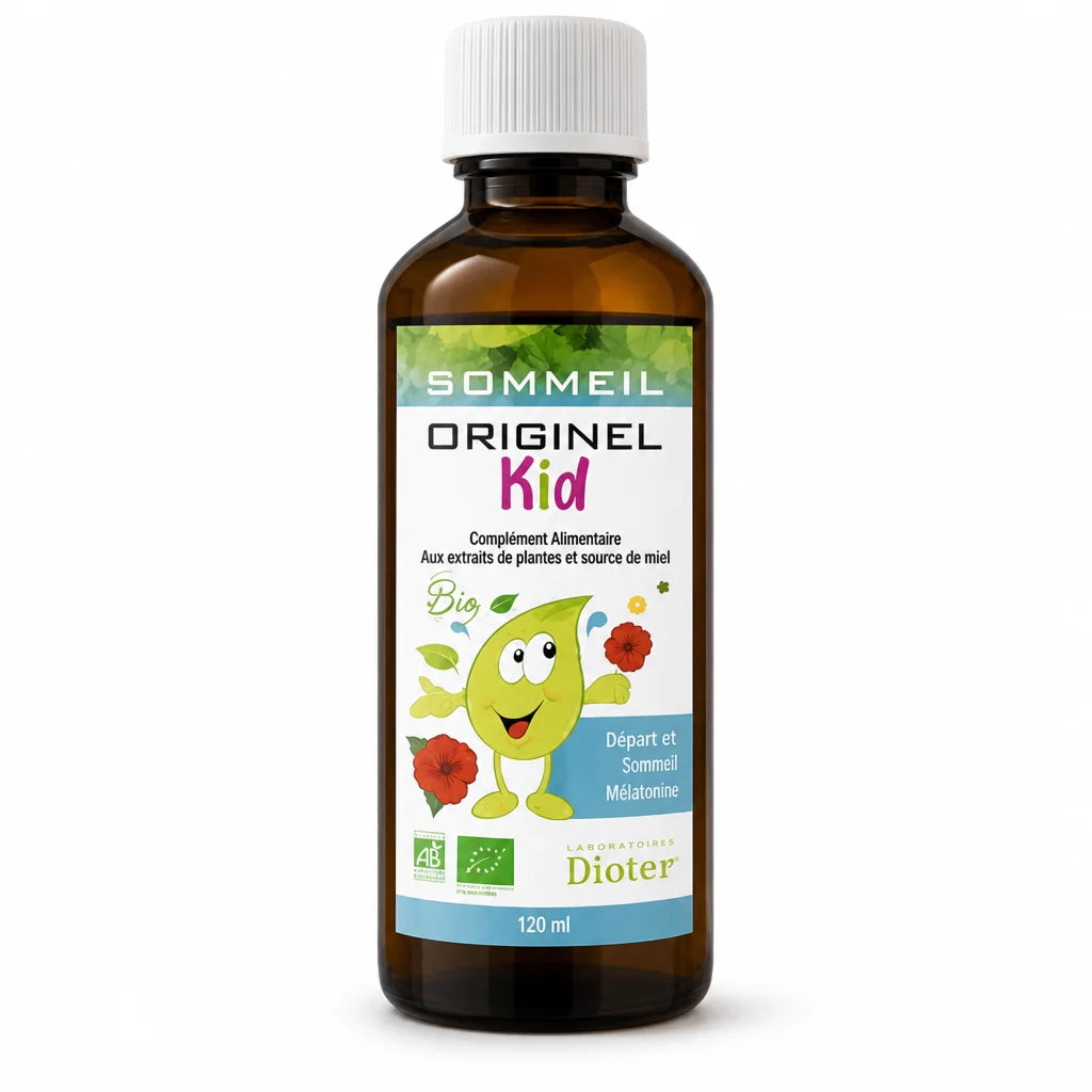 Originel Kid Sommeil Bio sirop en flacon doseur verre ambré avec étiquette verte