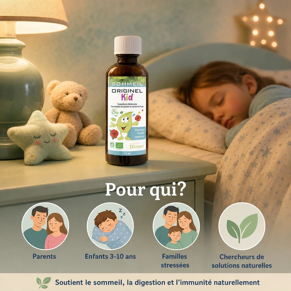 Originel Kid Sommeil Bio flacon doseur sur table de nuit avec jouets, pour enfants 3-10 ans