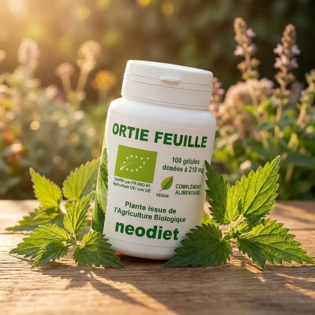Ortie piquante 210 mg Bio Neodiet 100 gélules sur surface bois avec feuilles d'ortie fraiches
