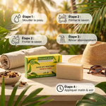 Pain de savon bio anti-moustiques MoustiCare avec étapes d'utilisation et emballage jaune-vert