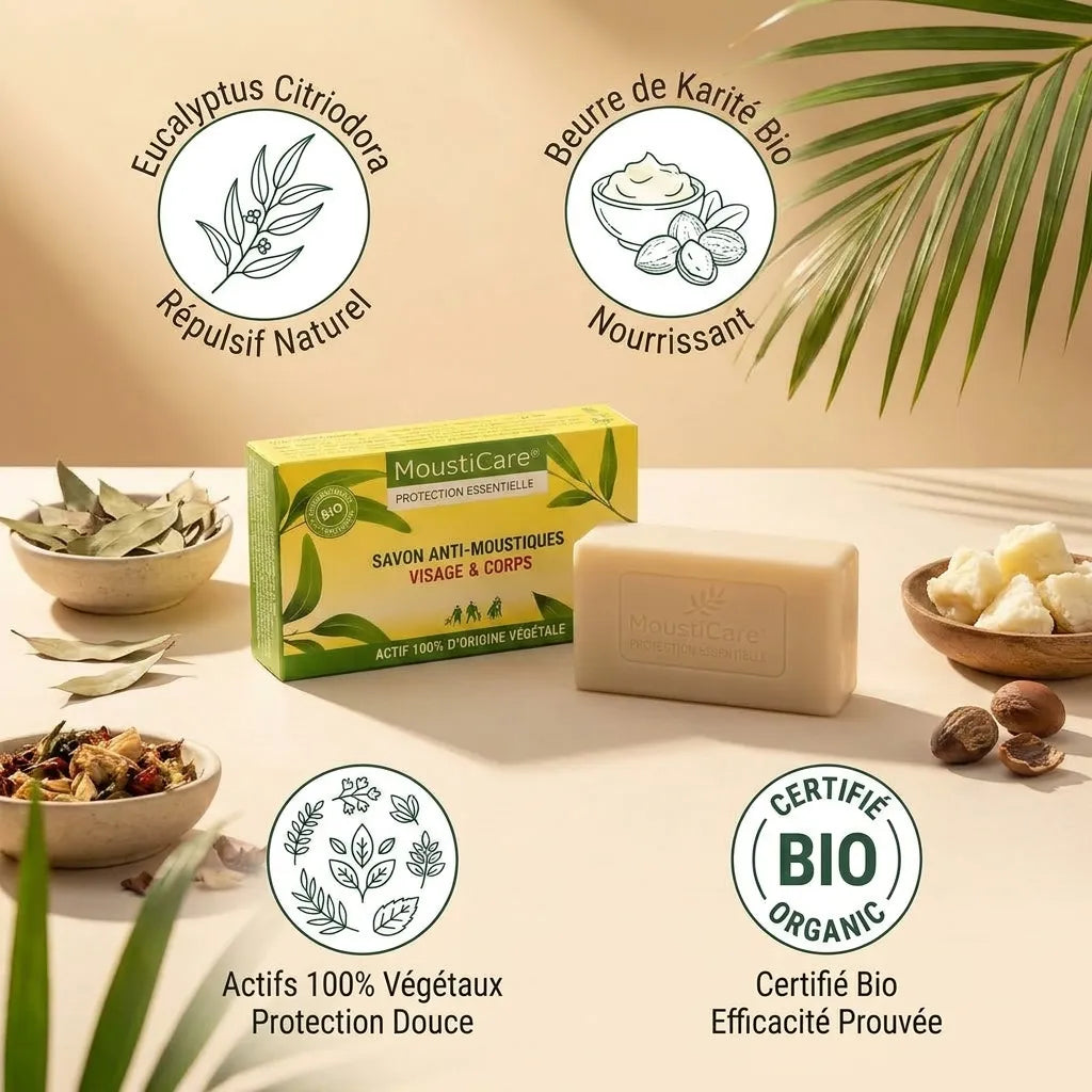 Pain de savon bio anti-moustiques MoustiCare avec eucalyptus, karité et ingrédients naturels certifiés