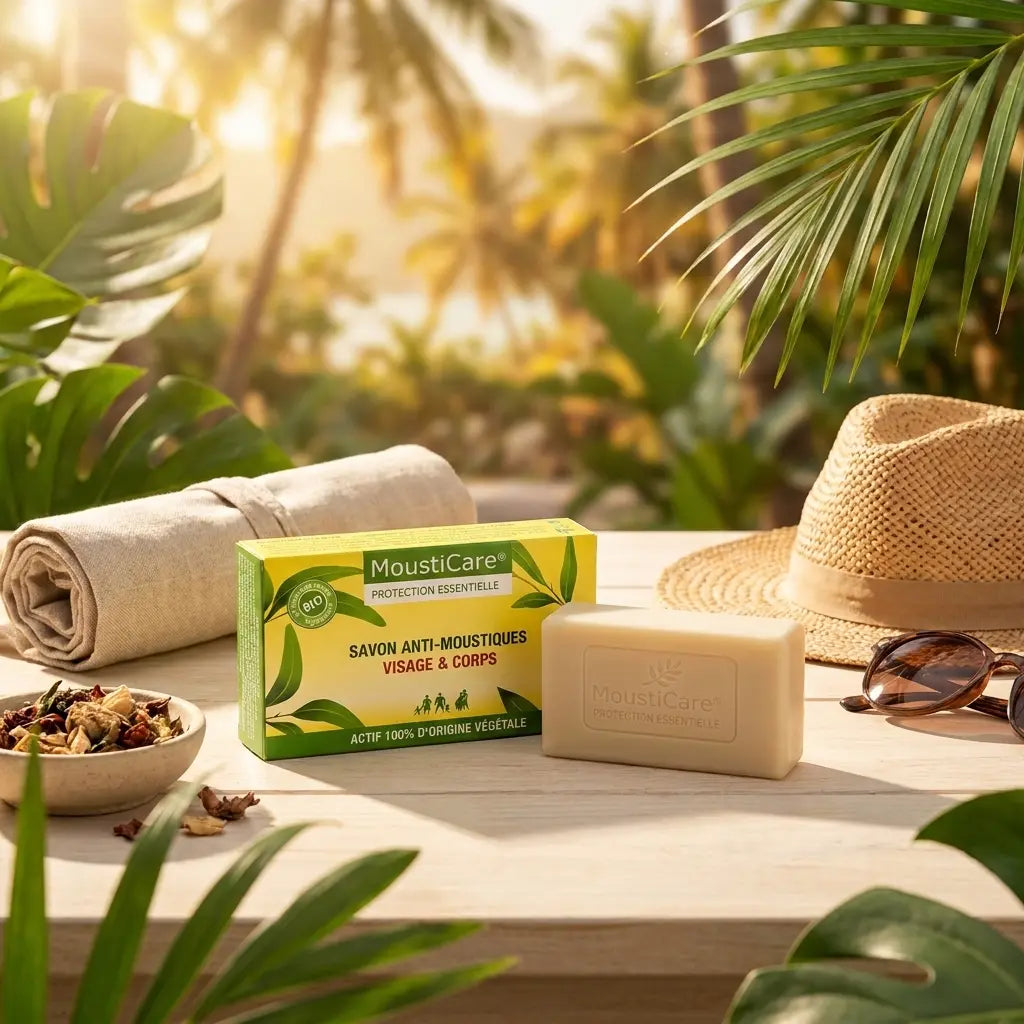 Pain de savon bio anti-moustiques MoustiCare en setting tropical ensoleillé avec feuillage naturel