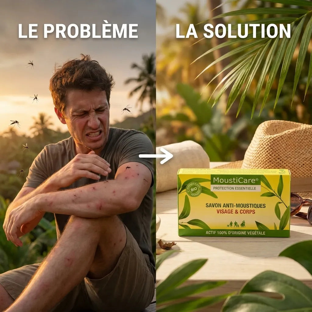 Pain de savon bio anti-moustiques MoustiCare avec emballage vert et jaune sur surface en bois naturel