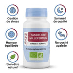 Gélules Passiflore Millepertuis bio vegan avec infographie des bénéfices : stress, sommeil, humeur