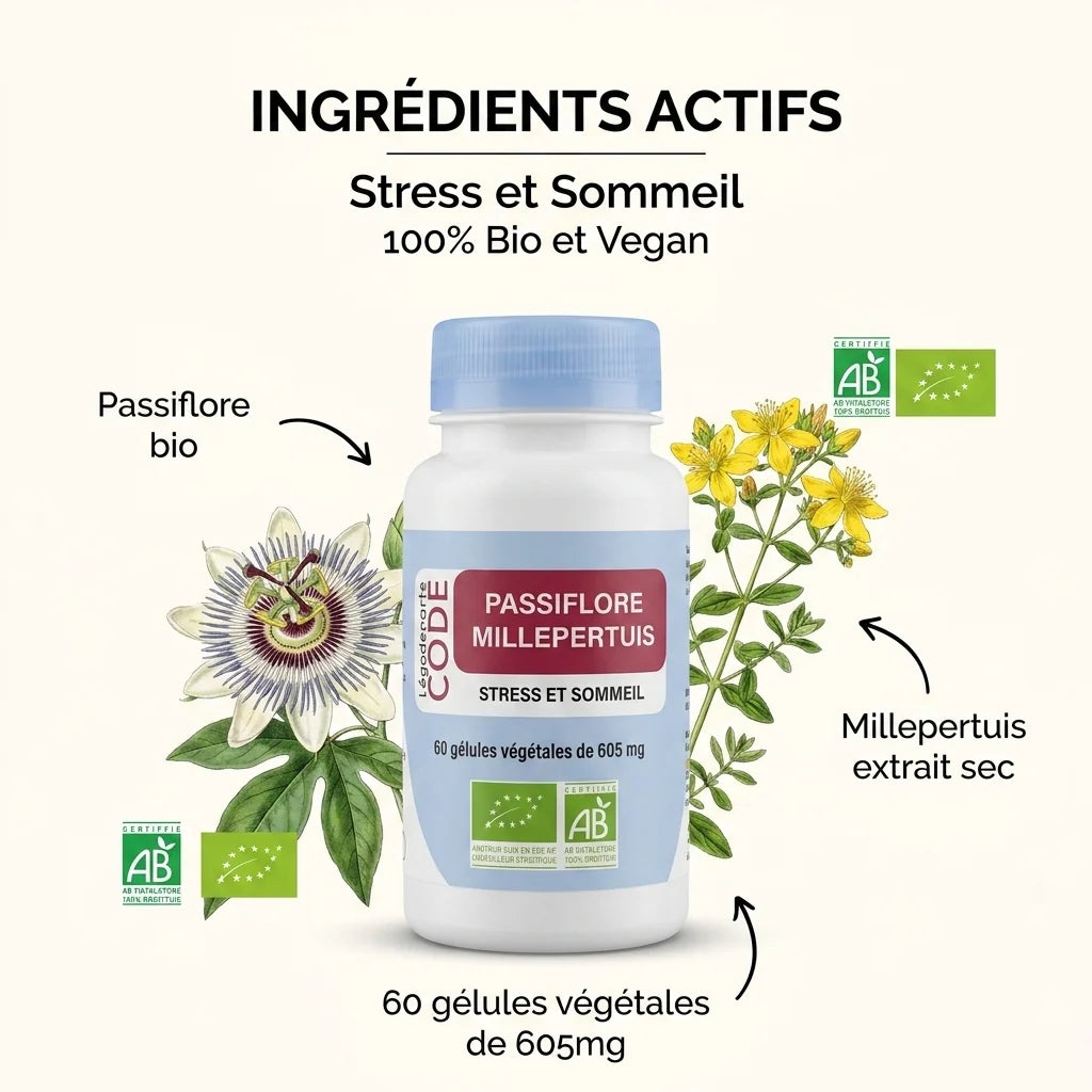 Passiflore Millepertuis bio vegan - Flacon 60 gélules végétales avec ingrédients actifs pour stress et sommeil