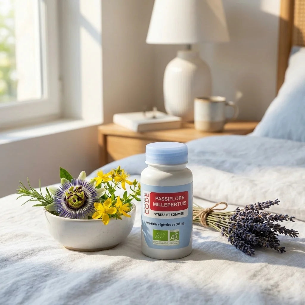 Complément Passiflore Millepertuis bio vegan en gélules avec fleurs fraîches et lavande