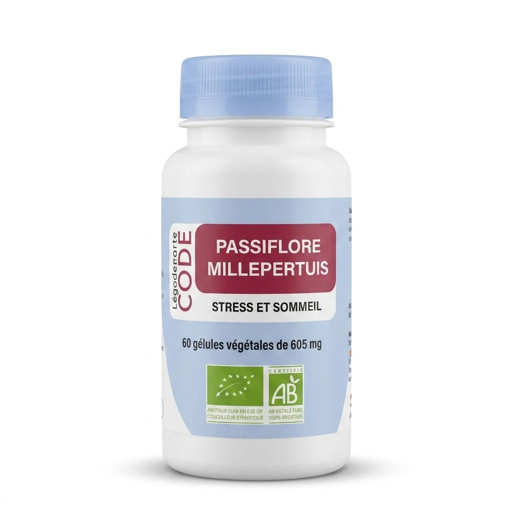 Flacon blanc de Passiflore Millepertuis bio vegan en gélules avec bouchon bleu