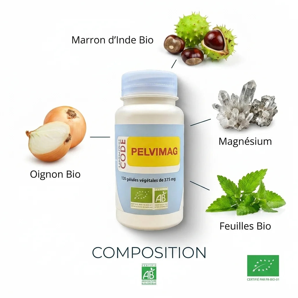 Pelvimag bio en gélules avec ingrédients naturels: oignon, marron d'Inde et magnésium