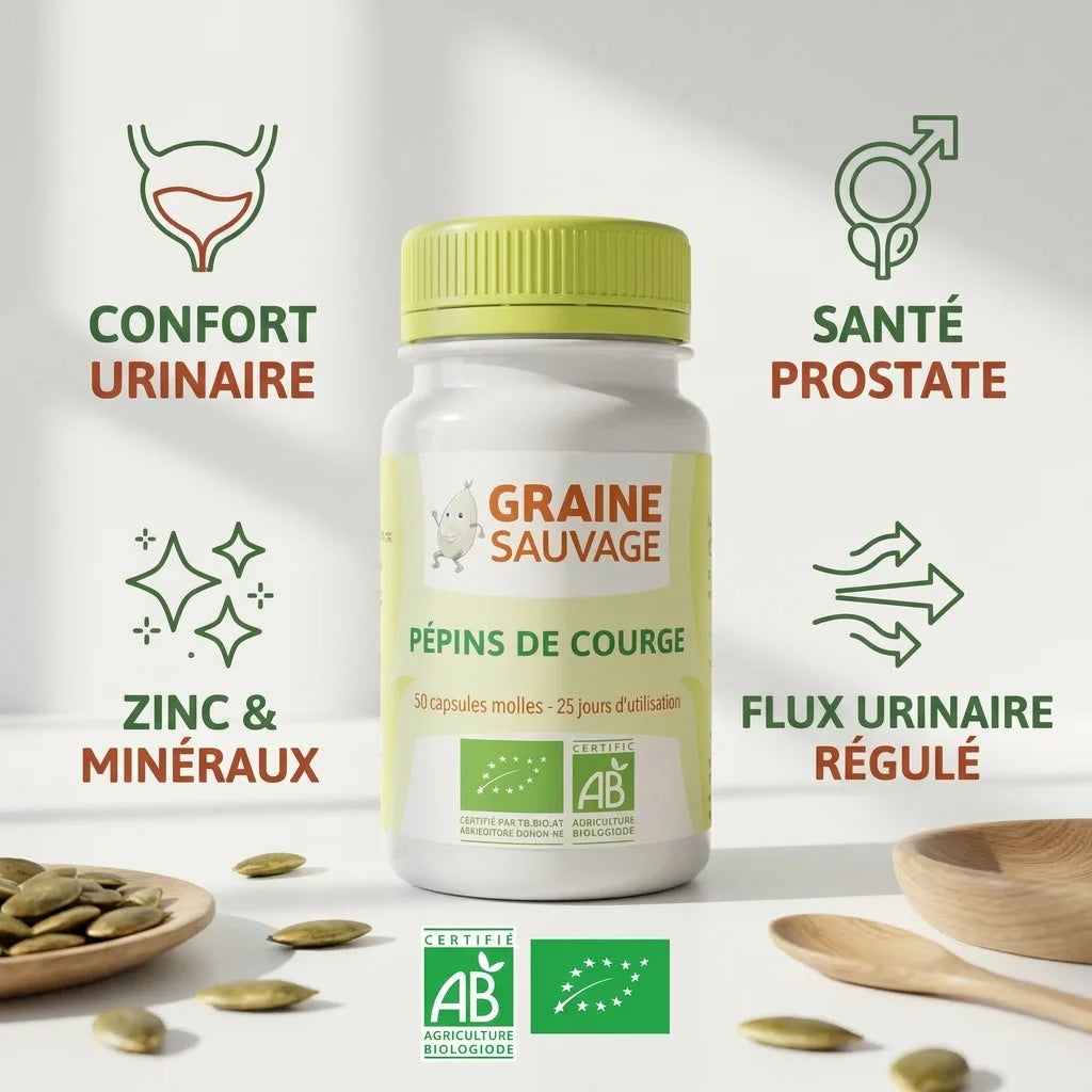 Gélules pépins courge bio Graine Sauvage avec bénéfices santé prostate et confort urinaire