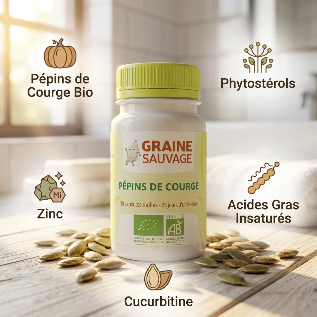 Graine Sauvage Pépins de Courge Bio en gélules avec ingrédients et bénéfaits santé