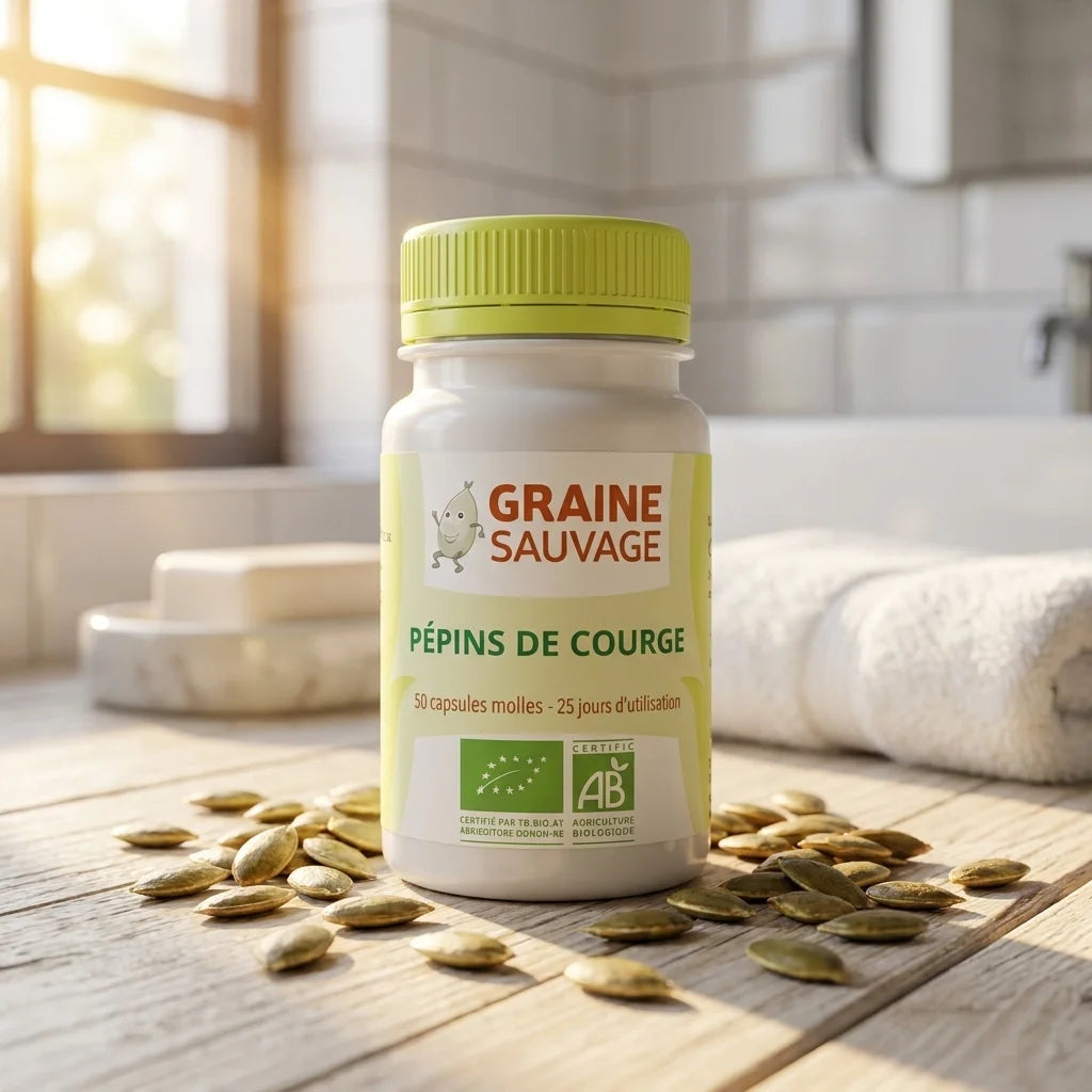 Pépins de courge bio en gélules Graine Sauvage avec capsules vertes et graines fraîches