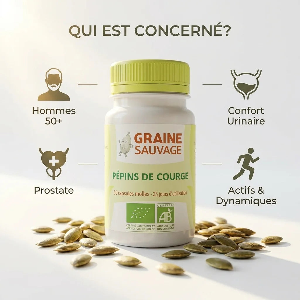 Pépins de courge bio en gélules Graine Sauvage pour confort urinaire et prostate des hommes actifs
